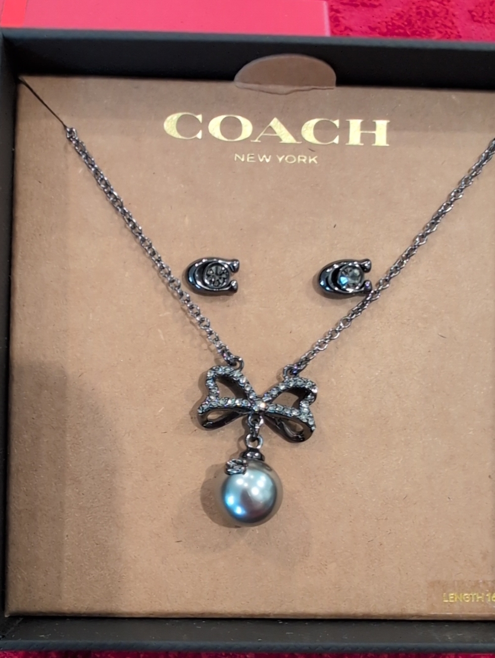 COACH Gunmetal Bow Necklace with Gray Pearl Drop and Matching Studs - NIB